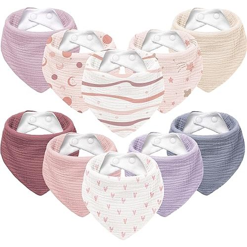 Susurration Muslin Baby Bibs 10Pack Bandana Drool Bibs Soft Adjustable Newborn for Unisex Girls & Boys (Pink Stars)