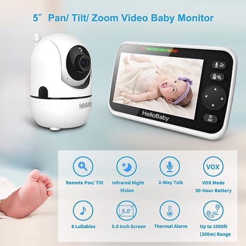 HelloBaby No WiFi Baby Monitor 5" Screen 30-Hour Battery