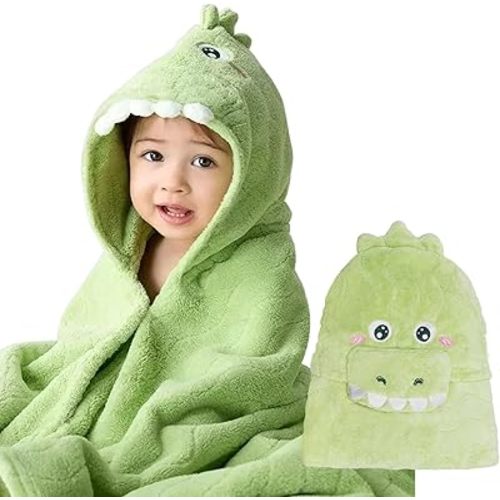 Cute Animal Hooded Baby Towel Soft Coral Fleece Baby Towels with Hood Toddler Bath Towel Large 27 x 55 Inch Ultra Absorbent Hooded Bath Towels for Babies Baby Bath Towel (Green)