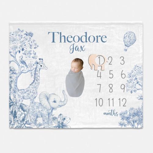 Safari Blue Toile Milestone Blanket, Safari Nursery, Giraffe and Elephant Milestone Blanket, Safari Toile Blanket, Boy Safari Toile S74