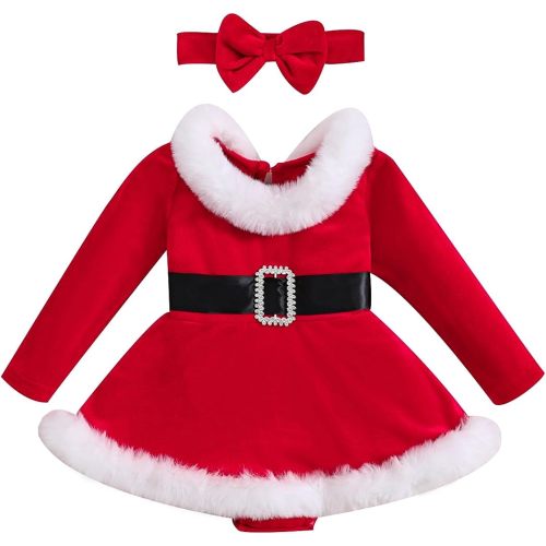 Baby Girl Christmas Dress Santa Claus Romper Dress Red Velvet Long Sleeve Princess Tulle Dress with Headband