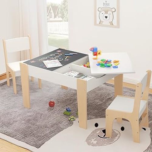 4 in 1 Kids Table and Chair Set, Table and Chairs for Toddlers 2-5 with 2 Reversible Blackboard, Children's Table with Storage for Activity/Play/Art/Read/Craft, White and Natural Color