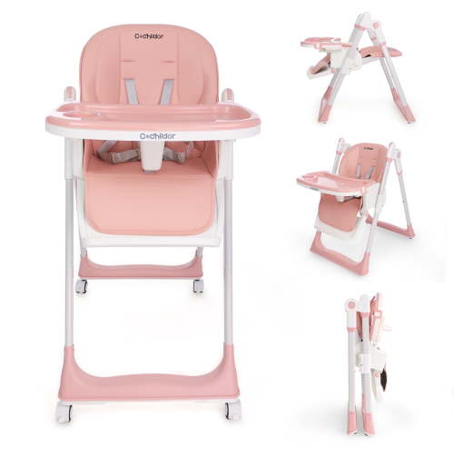Clearance Cochildor Foldaway 3-in-1 High Chair for Babies & Toddlers, with 5 Point Harness, Tray, Foot Rest and Wheels, Pink
