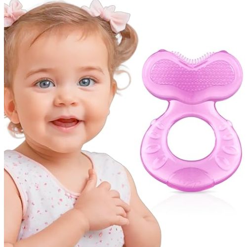 Nuby Silicone Teethe-eez Teether with Bristles, Includes Hygienic Case, Pink