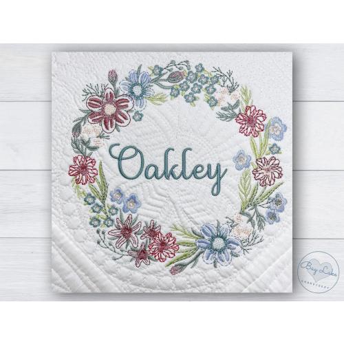 Personalized baby blanket, Mauve and blue floral wreath, Custom embroidered baby girl quilt, New baby gift