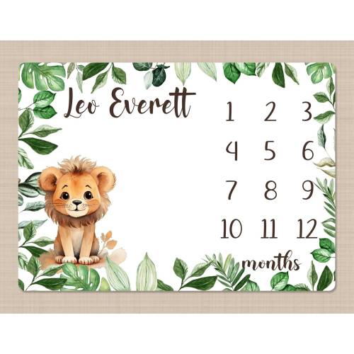 Lion Milestone Blanket, Personalized Baby Lion Monthly Blanket Baby Shower Gift Newborn Baby Boy Gift Monthly Growth Tracker Leaves B1707