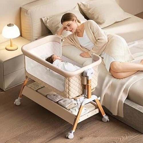 3 in 1 Baby Bassinet Bedside Sleeper,Bedside/Rocking Bassinet for Baby with Waterproof Comfy Mattress and Lockable Wheels,7 Adjustable Height, Easy Folding Portable Crib for Newborn-Khaki