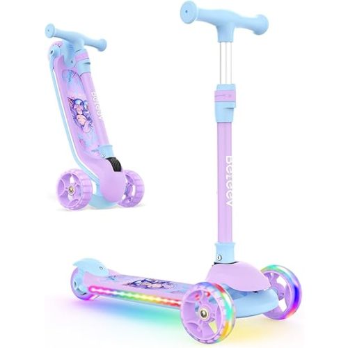 BELEEV A9 Kids Scooter with LED Light-Up Wheels & Deck, 3 Wheel Folding Scooter for Toddlers Girls Boys Ages 3-12, Adjustable Handlebar, Lean to Steer, Extra-Wide Wheels, Kick Scooter for Children