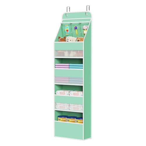 Univivi 5-Shelf Fabric Door Storage Over Door Hanging Organizer with 4 Large Pockets and 3 Small PVC Pockets Nursery Closet Cabinet Wall Mount Hanging Storage Organizers for Baby Nursery (Green)