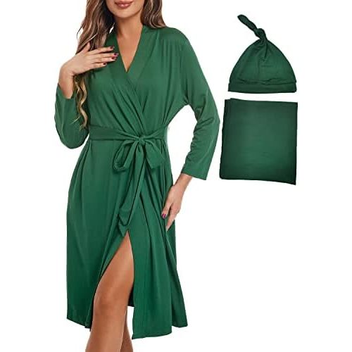SUFEINI Maternity Mommy Robes with Matching Swaddle Blanket Set, Maternity Mommy Postpartum Bathrobe Sleepwear