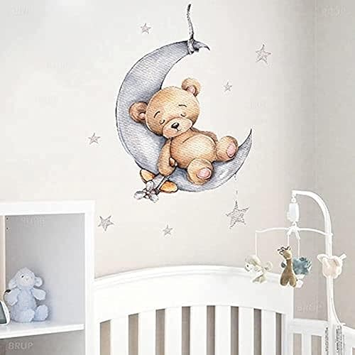 Teddy Bear Sleeping on The Moon and Stars Wall Stickers for Kids Baby Room Interior Decoration Wall Decals (Teddy Bear)