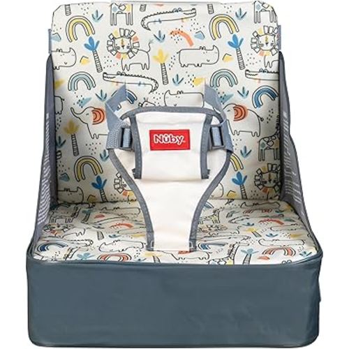 Nuby Easy Go Booster Seat - Travel Booster Seat for Babies and Toddlers with 3-Point Harness - 9+ Months - Beige Safari Print