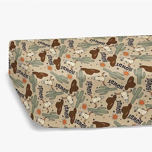 Western Cowboy Howdy Hat Cactus Fitted Standard Crib Sheet for Baby Boy, Boho Wild West Cow Lover Sun Star Toddler Mattress Cover, Soft Breathable Stretchy Nursery Bed Sheets Decor Kids Gift 52" x 28"