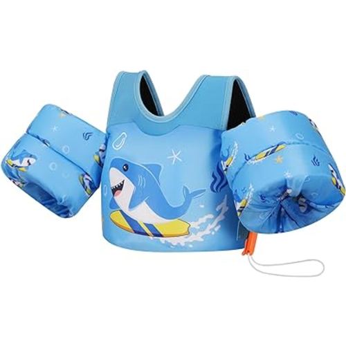 MoKo Toddler Swim Vest for Kids, Swim Arm Floaties 13-70lbs Cartoon Swimming Water Wings Pool Float Vests Sleeves Shoulder Straps Arm Band for Children Learn to Swim