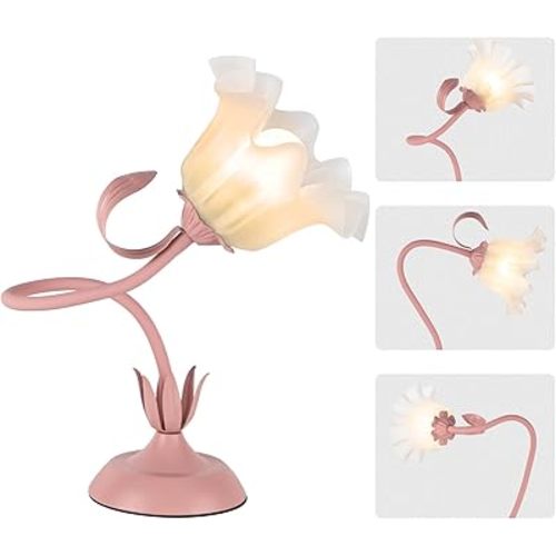 Cute Flower Desk Lamp, 3 Color Temperature Table Lamps with LED Bulb, Vintage Bedside Lamp, Reading Lamps with Soft Light for Bedroom, Living Room（Pink）
