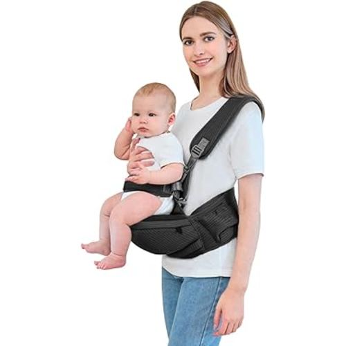 Baby Hip Carrier - Hip Carrier for Baby with Baby Safety Strap - Toddler Carrier 7-45 lbs - Ergonomic Infant Holder Baby Carrier with Hip Seat Large Capacity Pockets(Black)