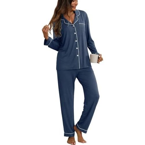 ZMJ Womens Pajamas Sets 2 Piece Long Sleeve and Pant Pj Sets Button Up Sleepwear