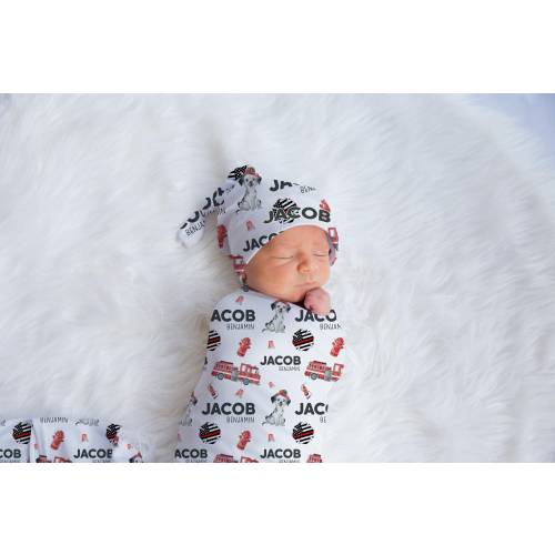 Fire Swaddle Set, Fireman Swaddle Blanket, Personalized Baby Blanket, Fire Truck Nursery Theme, Newborn Blanket, Fireman Baby Blanket B64