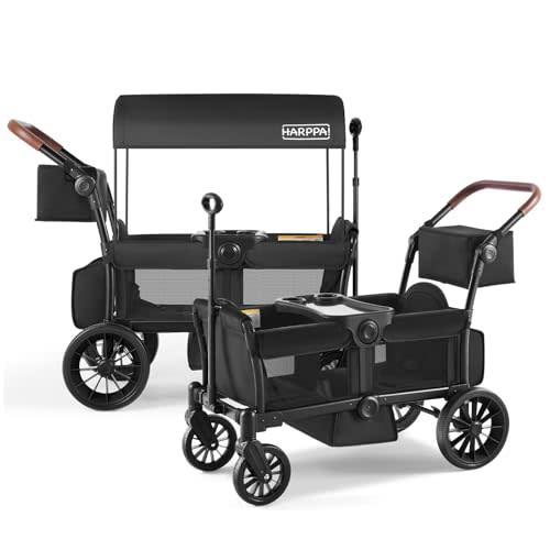 HARPPA All-Terrain Wagon Stroller for 2 Kids, Foldable Outdoor & Beach Stroller Wagon with Removable Canopy, Adjustable Push & Pull Handle, Footwell & Large Storage, Black