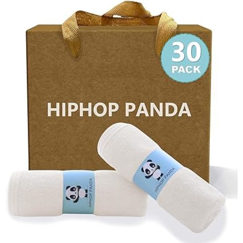HIPHOP PANDA Baby Washcloths, Rayon Made from Bamboo - 2 Layer Ultra Soft Absorbent Newborn Bath Face Towel - Reusable Baby Wipes for Delicate Skin - Ivory, 30 Pack