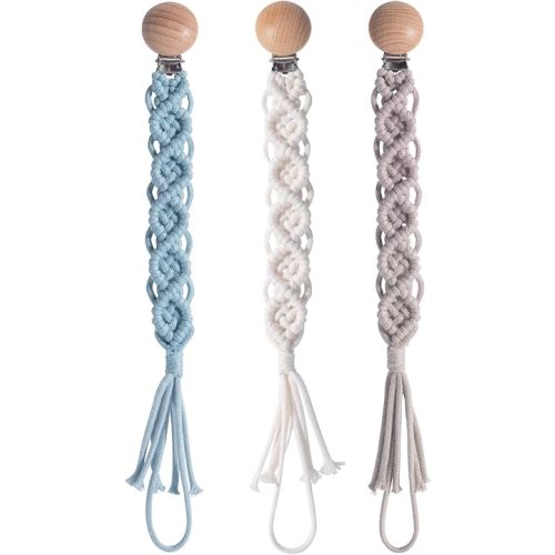Boho Pacifier Clip for Boys Girls Pacifier Holder Leash Wooden Clips Handmade Braided Cotton Unisex Baby Shower Birthday Gift Christmas Gift