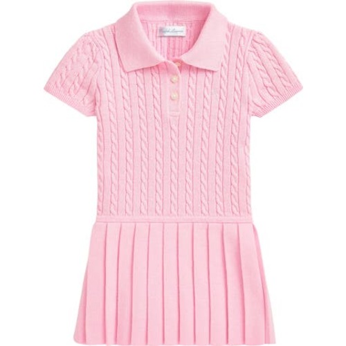 Cable Stitch Pleated Cotton Polo Sweater Dress