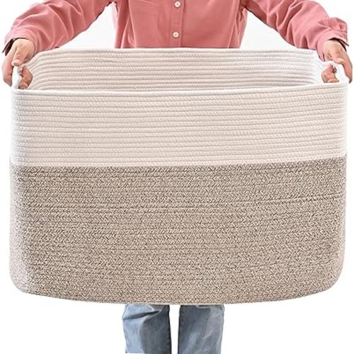 Extra Large Blanket Basket Living Room, Rectangle Storage Basket, Large Woven Baskets for Storage, Cotton Rope Basket for Toys, Clothes, White and Brown - 25”x16”x16” (108L)