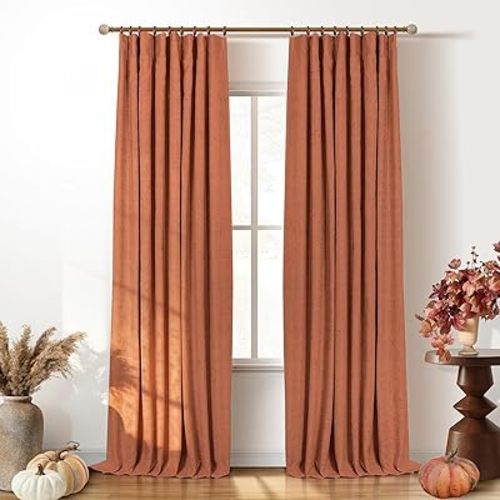 INOVADAY 100% Blackout Curtains for Bedroom, Black Out Curtains 84 Inch Long, Clip Rings Linen Blackout Drapes, Thermal Insulated Room Darkening for Living Room, 2 Panels - Orange,W50xL84