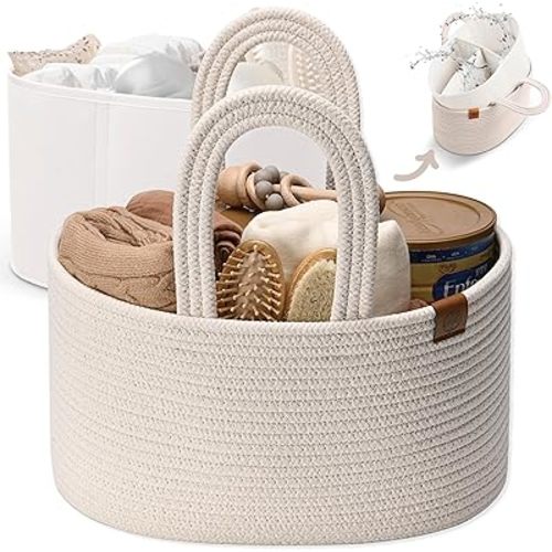 J&JOO 2-in-1 Baby Diaper Caddy Organizer, Water-Resistant Lining Protection, Easy Care, Basket for Changing Table or Dresser, Multi-Use, Newborn Baby Essentials