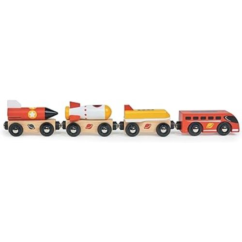 Mentari Toys - The Space Rocket Train - 7pc Wooden Train with Magnetic Rocket Carriages - Compatible with Major Wooden Train Tracks - Encourages Imaginative Play and Fine Motor Skills - Age 18m+