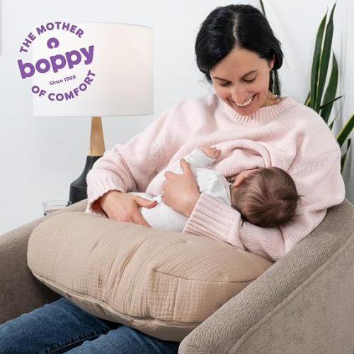 Boppy Nursing Pillow Luxe - Ergonomic Bottle & Breastfeeding Pillow with High Lift & Firm Support - Water-Resistant with Washable Cotton Muslin Cover - Baby Safety Alliance Verified - Oatmeal