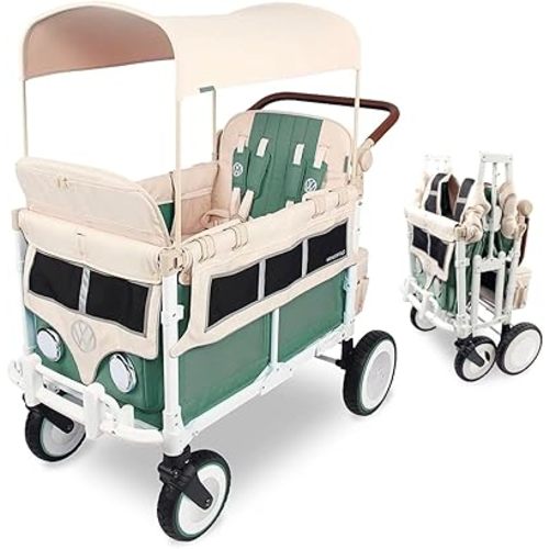 WONDERFOLD Volkswagen Stroller Wagon (4 Seater) - Collapsible Wagon Stroller with VW Bumper, Functioning Headlights, and All-Terrain XL Wheels