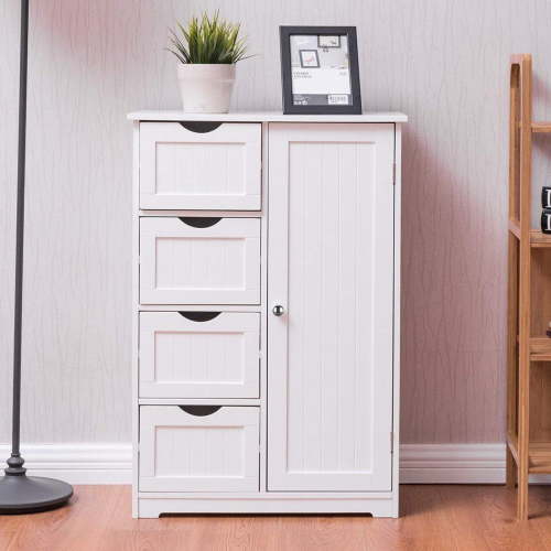 Ktaxon Wooden Bathroom Floor Cabinet, Side Storage Organizer with 4 Drawers, 1 Cupboard & 2-Shelves, White