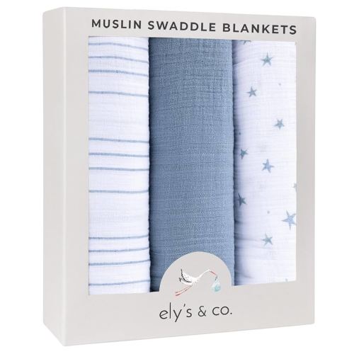 Ely's & Co. Muslin Swaddle Blanket 3-Pack for Baby Boy— 100% Cotton Muslin Extra-Large Swaddle Blankets (47”x 47”) — (Misty Blue Stars│Solid│Stripes)