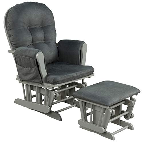 Costzon Nursery Glider with Ottoman, Upholstered Comfort Glider Rocker with Padded Cushion, Storage Pocket, Solid Wood Base, Rocking Chair Nursery for Breastfeeding, Napping (Dark Gray)