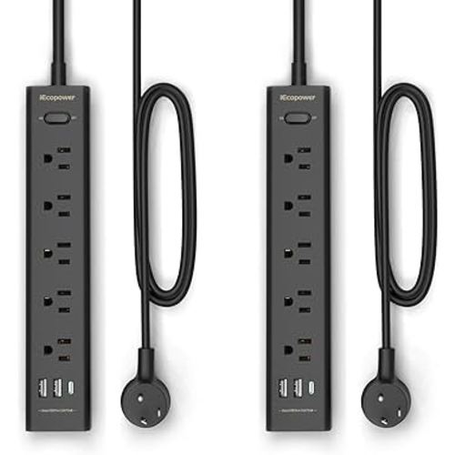 2 Pack Power Strip Surge Protector-5 Widely Spaced Outlets 3 USB Ports(1 USB C Port),1250W/10A with 5Ft Extension Cord, Power Strips with Surge Protection, Wall Mount for Home Office,Black