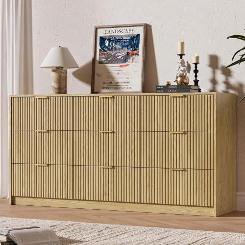 FURNIWAY 9 Drawer Dresser for Bedroom, 63" Wide Modern Fluted Dresser with Gold Metal Handles, Chest of Drawers for Bedroom, Living Room, Entryway, Hallway, Natural