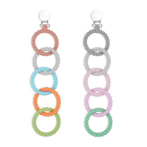 Silicone Baby Teether Links, 2 Strings Baby Teething Toys with Pacifier Clip, Cutie Baby Teether Rings, Food Grade Silicone Attachable Teether Chew for Newborn Infant Baby Gift, Color-1