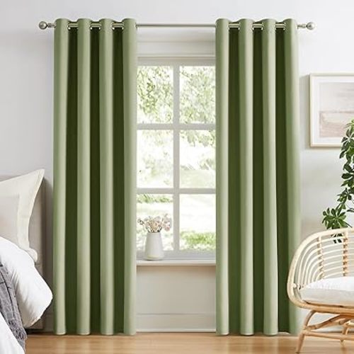 Melodieux Blackout Curtains for Bedroom Cotton Textured Curtains 84 inch Length 2 Panels Set Grommet Window Curtains for Living Room Thermal Insulated Privacy 100% Blackout Curtains (Sage, 42 x 84 In)