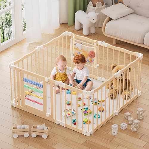 Wooden Baby Playpen 50 × 50 Inches, Foldable Playpen Fence with Cute Digital Blocks & Toy Storage Bag, Wooden Baby Gate, Multi-Shape Play Yard for Babies and Toddlers Indoor Outdoor