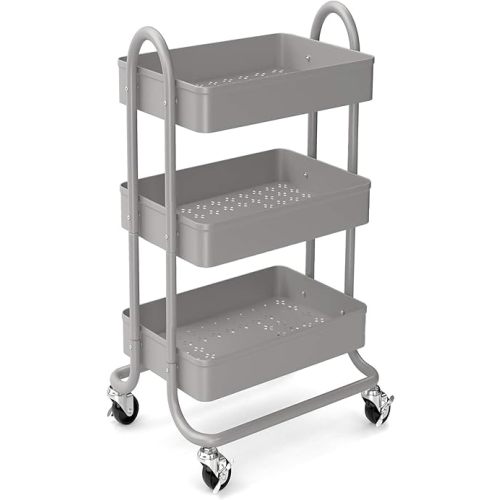 KoolerThings 3-Tier Rolling Metal Storage Organizer - Mobile Utility Rolling Storage Cart, Kitchen Cart with Caster Wheels (Grey)