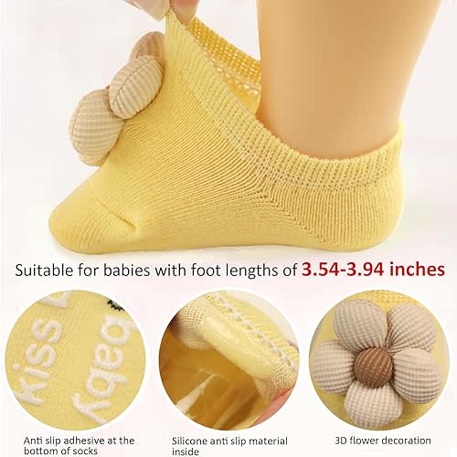 4Packs Baby Girls Socks,Flower Non-Slip Grips for Babies Toddler Princess Low Cut Ankle Socks for Girls