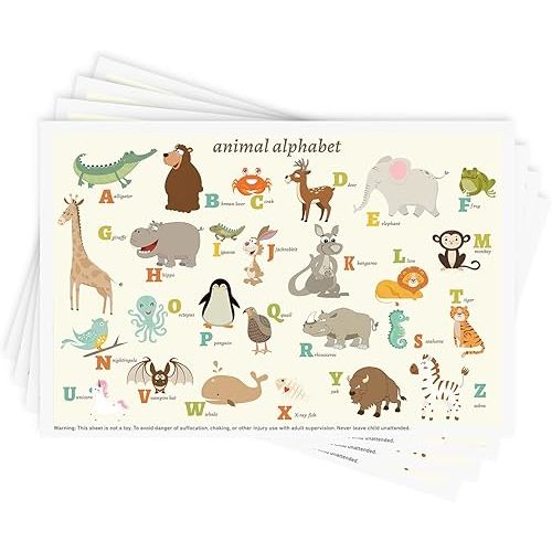 Disposable Stick-on Placemats 40 Pack for Baby & Kids, Restaurant Table Mats 12" x 18" Sticky Place Mats, Toddler Baby Placemat, Animal Alphabet Theme