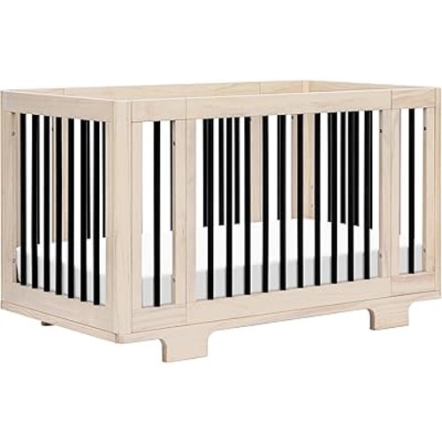 Babyletto Yuzu Convertible All-Stages® Bassinet, Midi, Full-Size Crib in Washed Natural with Black, Greenguard Gold Certified, Portable & Adjustable with Conversion Kits and Pads Included