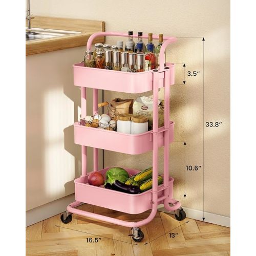 Pipishell 3 Tier Mesh Utility Cart, Rolling Metal Organization Cart with Handle and Lockable Wheels, Multifunctional Storage Shelves for Kitchen Living Room Office Pink