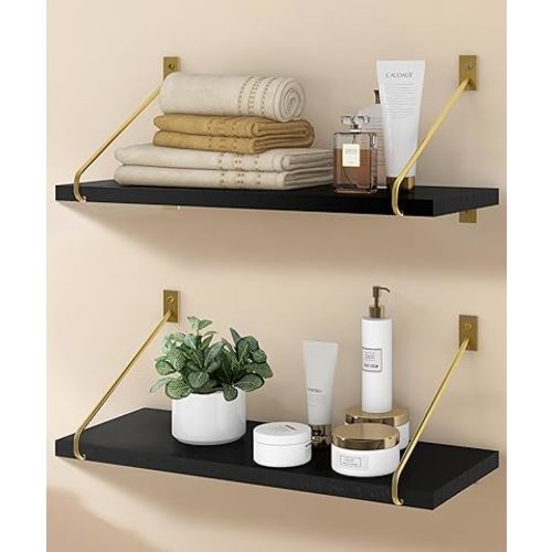 Floating Shelves for Wall, Rustic Floating Shelves Wall Mount Storage Decor Black Gold Wall Shelves Bedroom Living Room Bathroom Vanity, Set of 2