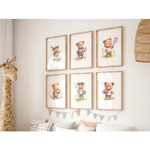 Sports Teddy Bear Nursery Prints: Kids Room Decor (Set of 6) (Digital Download)
