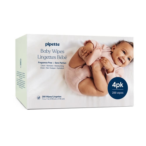 Pipette Baby Wipes for Sensitive Skin, Unscented, Alcohol-Free, 4-Packs, 288 Count