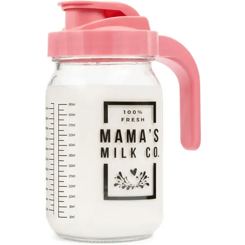 Breast Milk Pitcher with Leak Proof Pop Top Lid - Easy Pour Mason Jar Breastmilk Pitcher for Fridge – Glass Jug with Spout for Formula, Preparing Bottles, and Breast Milk Storage – Family-Owned Brand
