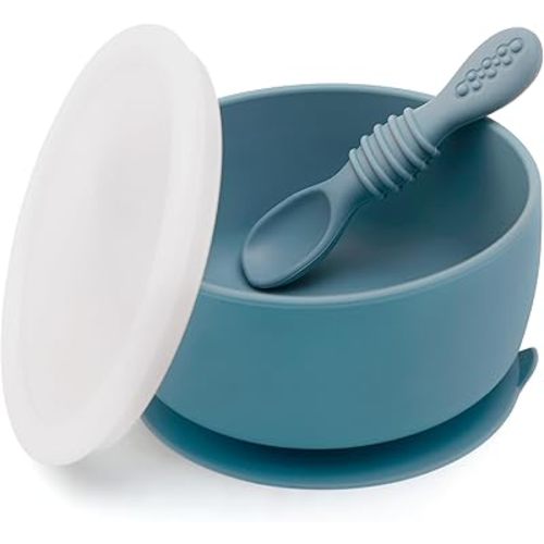 SAMiGO Baby Bowl and Spoon Set with Suction and Lid, Silicone Baby Food Bowl, First Stage Baby Feeding Set, Self Feeding Essentials for 6+ Months (Ocean)